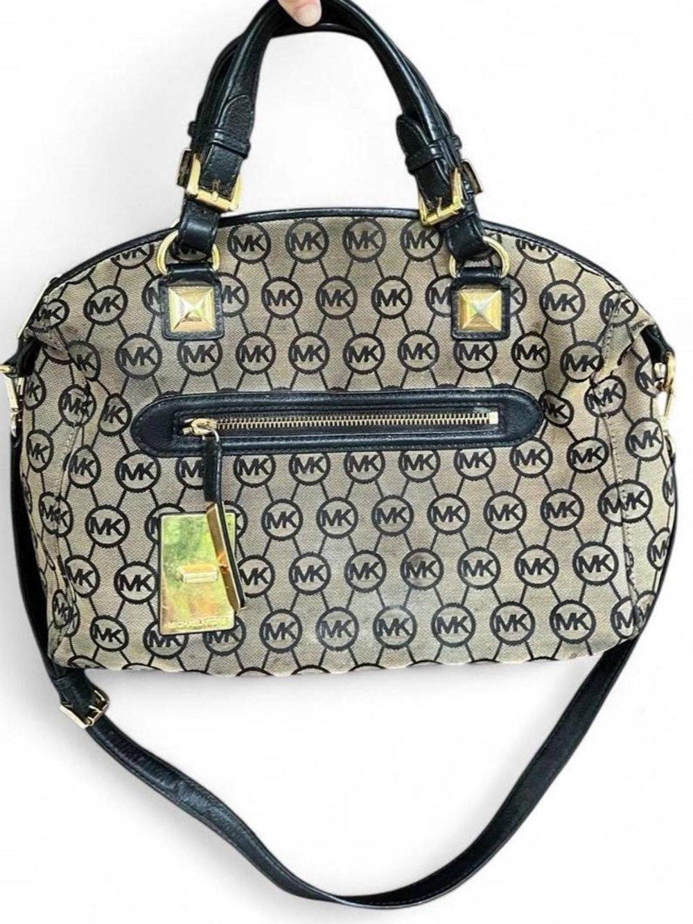 Michael Kors Calista Large MK Monogram Satchel Bag Black Beige Project Piece